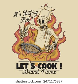 retro cartoon emblem of burning skeleton chef