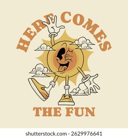 retro cartoon emblem of cheerful sun mascot