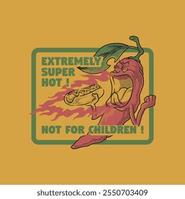 retro cartoon emblem of chilli fire off his hotdog