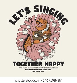 retro cartoon emblem of clown fish playing acoustic guitar