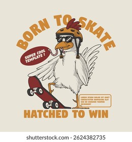retro cartoon emblem of cool chicken skateboarder