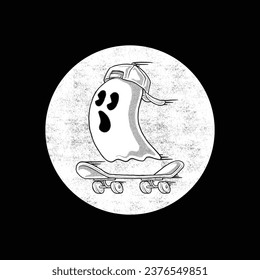 retro cartoon emblem of cute skateboarder ghost