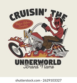 retro cartoon emblem of devil riding chooper bike