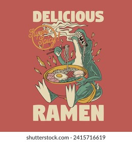 retro cartoon emblem of dinosaur eat ramen noodles