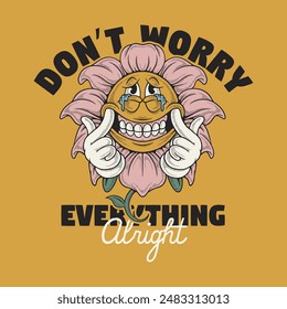 retro cartoon emblem of flower making fake smile