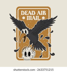 desenho animado retrô emblema de crânio voador com cara de corvo