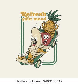 retro cartoon emblem of fruits riding skateboard