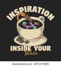 retro cartoon emblem of galaxy inside the coffee cups