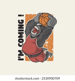 Emblema de dibujos animados retro de gorila haciendo slam dunk