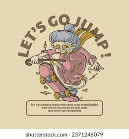 retro cartoon emblem of granny jumping with skateboard