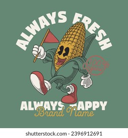 retro cartoon emblem of happy corn holding a flag