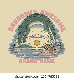 retro cartoon emblem of jumping crocodile