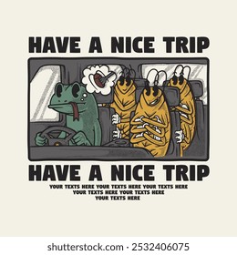 retro cartoon emblem of lizard and cockroaches inside car