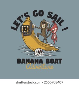 retro cartoon emblem of monkey riding swimming banana