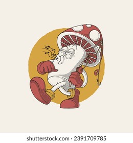 retro cartoon emblem of mushroom holding fishing rod