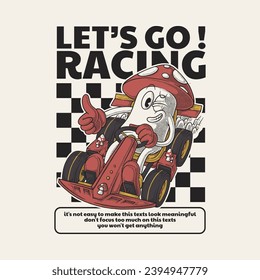 retro cartoon emblem of mushroom riding go-kart 