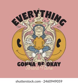retro cartoon emblem of peaceful meditating man