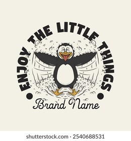 retro cartoon emblem of penguin playing with snow