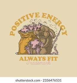 retro cartoon emblem of rat eat positive snack