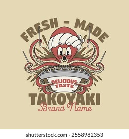 retro cartoon emblem of red squid takoyaki