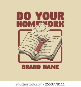 retro cartoon emblem of relaxing pencil on the book 