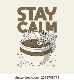 retro cartoon emblem of relaxing skull inside coffee cup