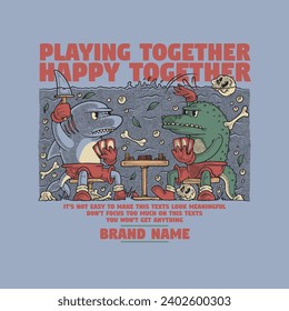 retro cartoon emblem of shark and crocodile playing cards 