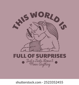 retro cartoon emblem of shocked unicorn holding smartphone