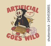 retro cartoon emblem of skeleton emerging from laptop