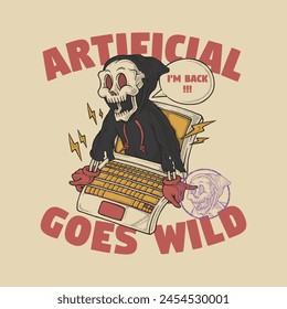 retro cartoon emblem of skeleton emerging from laptop