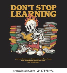 retro cartoon emblem of skeleton reading a book