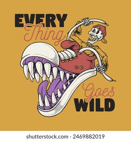 retro cartoon emblem of skeleton riding monster shoes