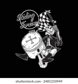 retro cartoon emblem of skeleton riding the piston