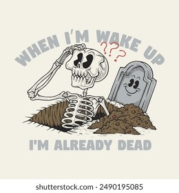 retro cartoon emblem of skeleton wakes up from grave