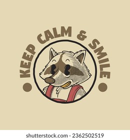 retro cartoon emblem of smiling raccoon head mascot