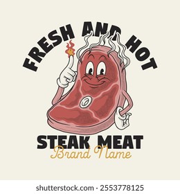 retro cartoon emblem of smokey steak meat