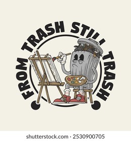 Emblema de dibujos animados retro de basura haciendo pintura 