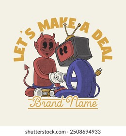 Emblema de dibujos animados retro de la TV estrechar la mano con el diablo