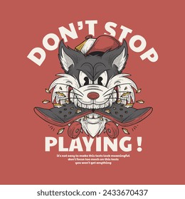 retro cartoon emblem of wolf biting a skateboard