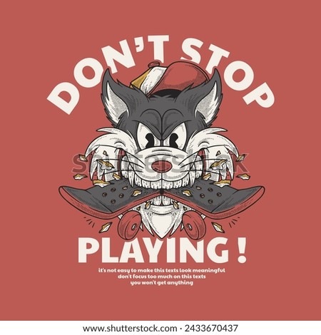 retro cartoon emblem of wolf biting a skateboard