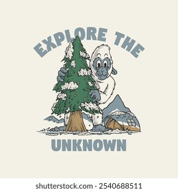 retro cartoon emblem of yeti peeping behind a pine tree