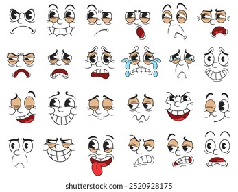 Emoções retrô de desenho animado. Expressões faciais, desenhos animados engraçados desenhados à mão com olhos de torta para 1930 borracha mangueira animação estilo design de personagem. Conjunto de ilustrações vetoriais isoladas.