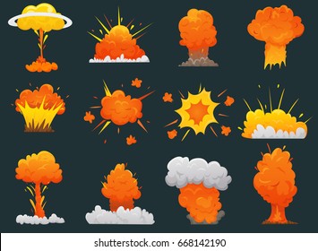 Retro cartoon explosion icon set with different types and sizes of explosions vector illustration