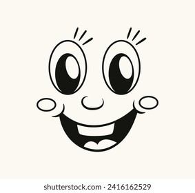 Retro cartoon face concept. Smiling character. Facial expressions and feelings, emotion. Template and layout for website. Doodle flat vector illustration isolated on white background