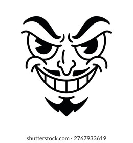 Retro cartoon face with evil smiling expression and mustache