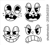Retro Cartoon Face Expression Vector. stickers with funny comic characters. Set of 70s groovy comic faces vector.