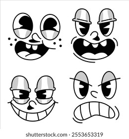 Retro Cartoon Face Expression Vector. stickers with funny comic characters. Set of 70s groovy comic faces vector.