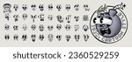 Retro cartoon faces. 1930s Rubber Hose style facial expressions, doodle emoticon vector set