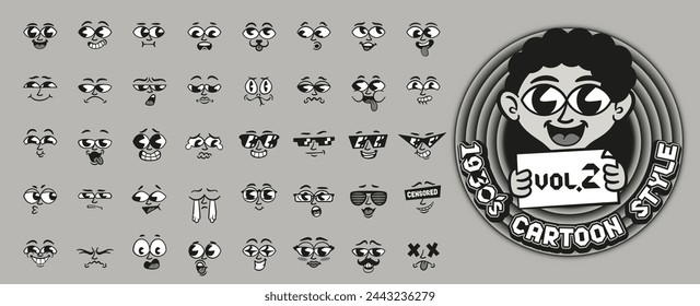 Retro cartoon faces. 1930s Rubber Hose style facial expressions vector set