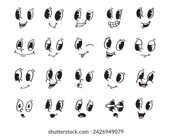 retro cartoon faces, emotional expressions clip art, mascots decor collection. Funny emotions creator set. EPS 10